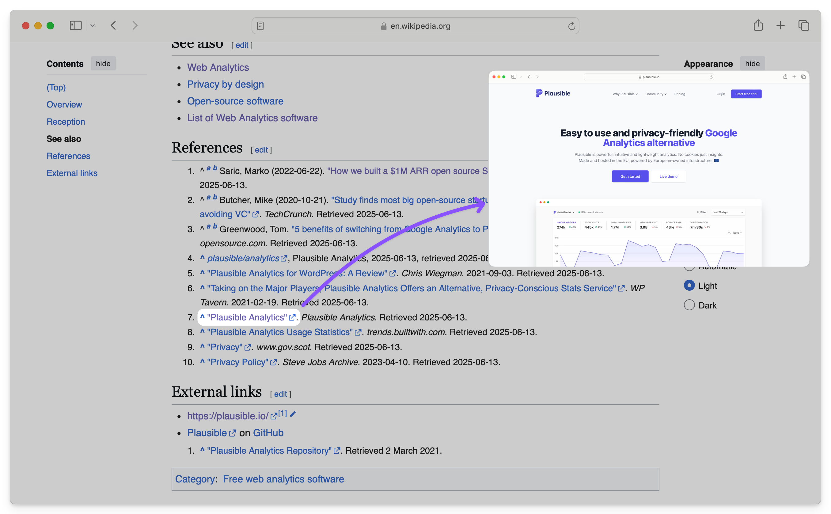plausible analytics backlink from wikipedia